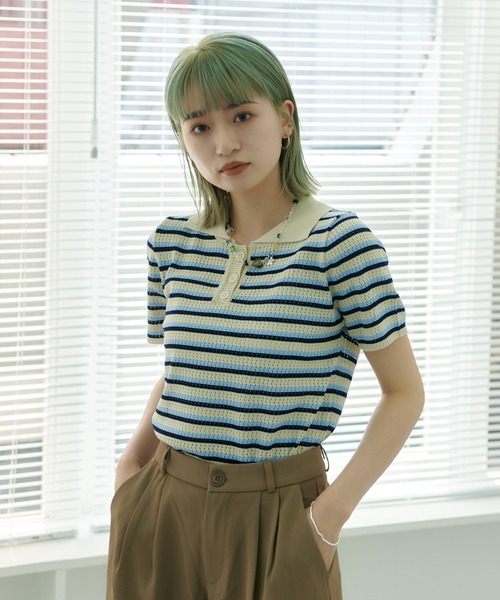 HALEY PESCA(ヘーリーペスカ)の「HALEY PESCA/ボーダーリブニット 半袖ポロシャツ(ポロシャツ・レディース・ホワイト/ブラック/レッド/イエロー・FREE)」の21枚目の写真