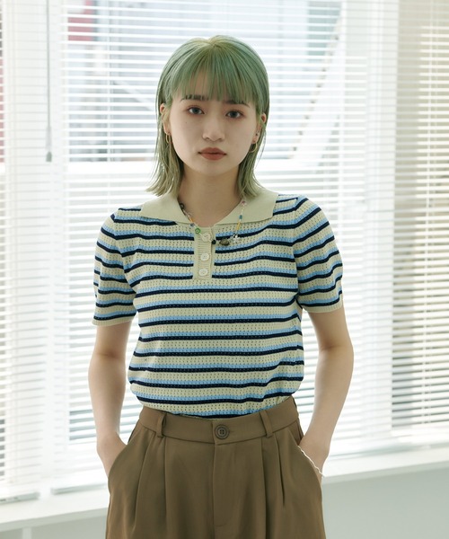 HALEY PESCA(ヘーリーペスカ)の「HALEY PESCA/ボーダーリブニット 半袖ポロシャツ(ポロシャツ・レディース・ホワイト/ブラック/レッド/イエロー・FREE)」の22枚目の写真