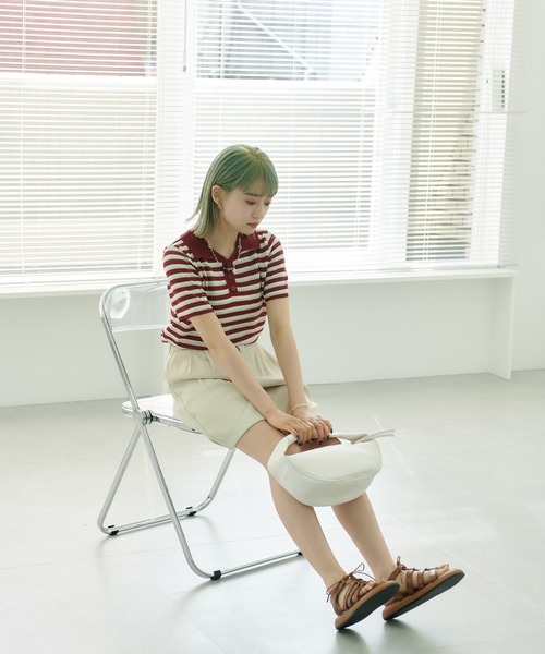 HALEY PESCA(ヘーリーペスカ)の「HALEY PESCA/ボーダーリブニット 半袖ポロシャツ(ポロシャツ・レディース・ホワイト/ブラック/レッド/イエロー・FREE)」の16枚目の写真