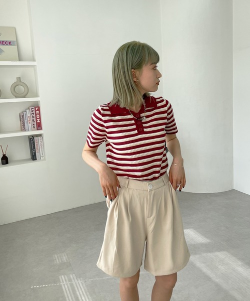 HALEY PESCA(ヘーリーペスカ)の「HALEY PESCA/ボーダーリブニット 半袖ポロシャツ(ポロシャツ・レディース・ホワイト/ブラック/レッド/イエロー・FREE)」の17枚目の写真