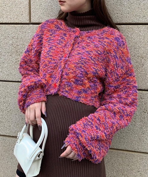 SHAGGIE（シャギー）の「MIXカールヤーンボリュームスリーブクロップカーディガン（カーディガン/ボレロ・レディース・グレー/レッド/イエロー・FREE）」の3枚目の写真
