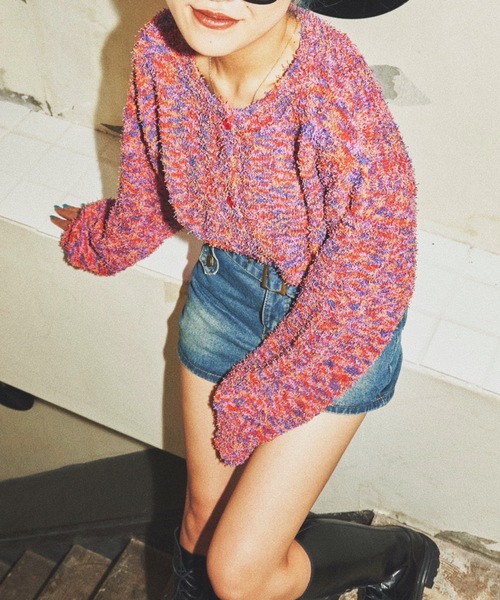 SHAGGIE（シャギー）の「MIXカールヤーンボリュームスリーブクロップカーディガン（カーディガン/ボレロ・レディース・グレー/レッド/イエロー・FREE）」の8枚目の写真