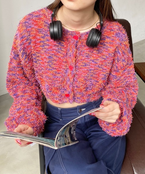 SHAGGIE（シャギー）の「MIXカールヤーンボリュームスリーブクロップカーディガン（カーディガン/ボレロ・レディース・グレー/レッド/イエロー・FREE）」の13枚目の写真