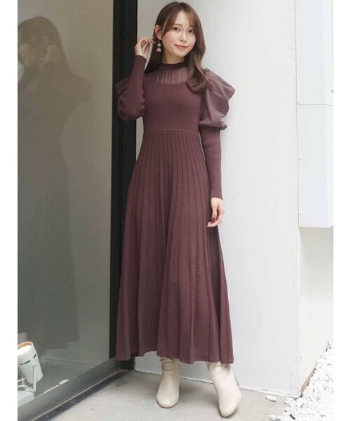 MERCURYDUO（マーキュリーデュオ）の「異素材ドレープロングスリーブニットワンピース（ワンピース・レディース・パープル/ブラウン/ベージュ・SMALL/MEDIUM）」の4枚目の写真