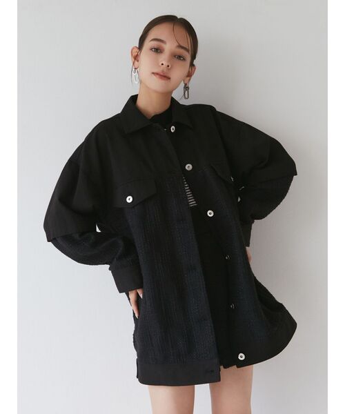 MURUA(ムルーア)の「ツイードミックスオーバージャケット【セットアップ着用可】(ブルゾン・レディース・ブラック/カーキ/ホワイト・FREE)」の10枚目の写真