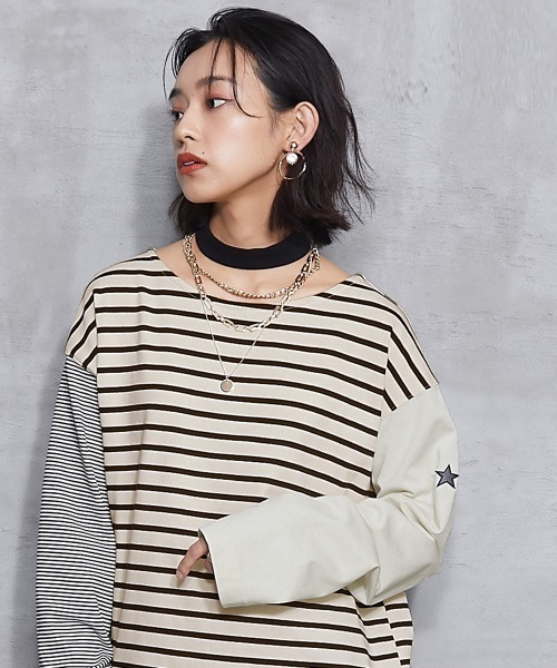 GEVS.(ジェイヴィス)の「<大きいサイズ> チョーカー付クレイジーボーダーカットソープルオーバー GEVS.(Tシャツ/カットソー・レディース・ブルー系/ホワイト系・L/LL/3L/4L/5L)」の2枚目の写真