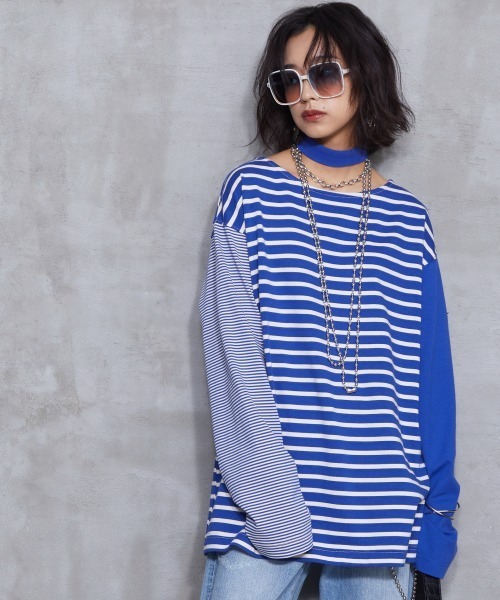 GEVS.(ジェイヴィス)の「<大きいサイズ> チョーカー付クレイジーボーダーカットソープルオーバー GEVS.(Tシャツ/カットソー・レディース・ブルー系/ホワイト系・L/LL/3L/4L/5L)」の1枚目の写真