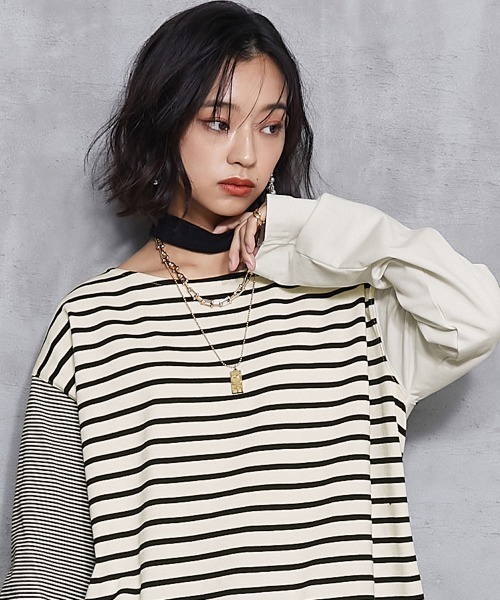 GEVS.(ジェイヴィス)の「<大きいサイズ> チョーカー付クレイジーボーダーカットソープルオーバー GEVS.(Tシャツ/カットソー・レディース・ブルー系/ホワイト系・L/LL/3L/4L/5L)」の4枚目の写真