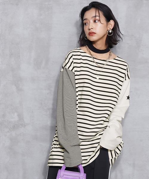 GEVS.(ジェイヴィス)の「<大きいサイズ> チョーカー付クレイジーボーダーカットソープルオーバー GEVS.(Tシャツ/カットソー・レディース・ブルー系/ホワイト系・L/LL/3L/4L/5L)」の5枚目の写真