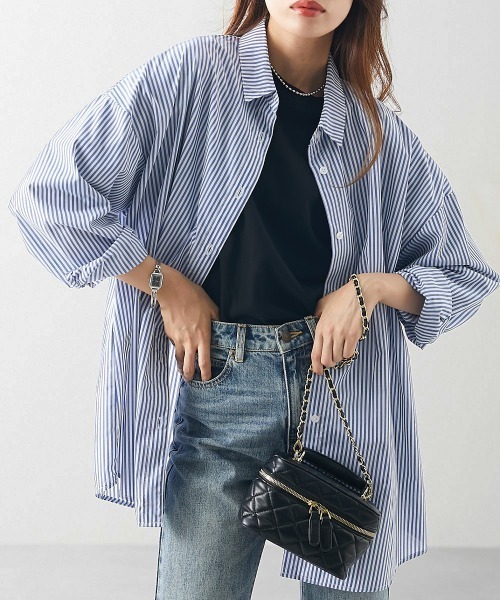 nissen(ニッセン)の「ストライプオーバーシャツ(イージーケア)(シャツ/ブラウス・レディース・グリーン系/ブラック系/ブルー系・S/LL/L/M)」の3枚目の写真