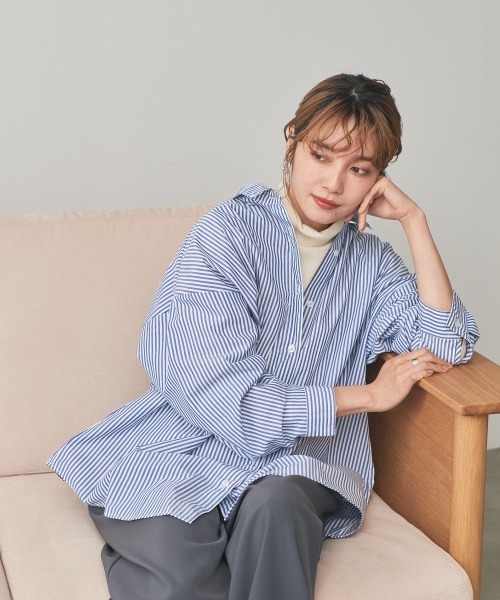 nissen(ニッセン)の「ストライプオーバーシャツ(イージーケア)(シャツ/ブラウス・レディース・グリーン系/ブラック系/ブルー系・S/LL/L/M)」の5枚目の写真