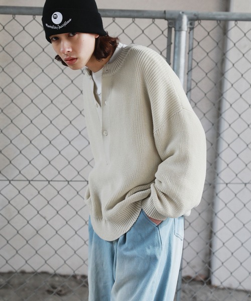 neweye jiji knit ニューアイ コットンニット ヘンリーネック ユニセックス)ベーシックヘンリーネックニット | ファッション