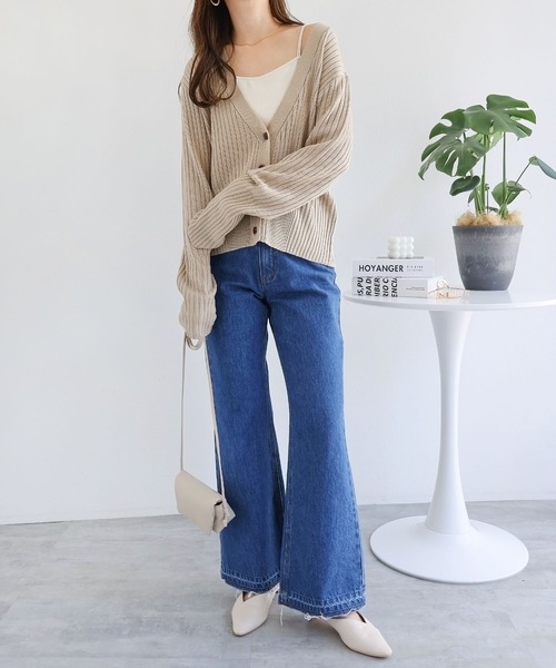 andme(アンドミー)の「リネンタッチショート丈リブニットカーディガン(カーディガン/ボレロ・レディース・ブラック/イエロー/サックスブルー/アイボリー/ライトベージュ・M)」の6枚目の写真