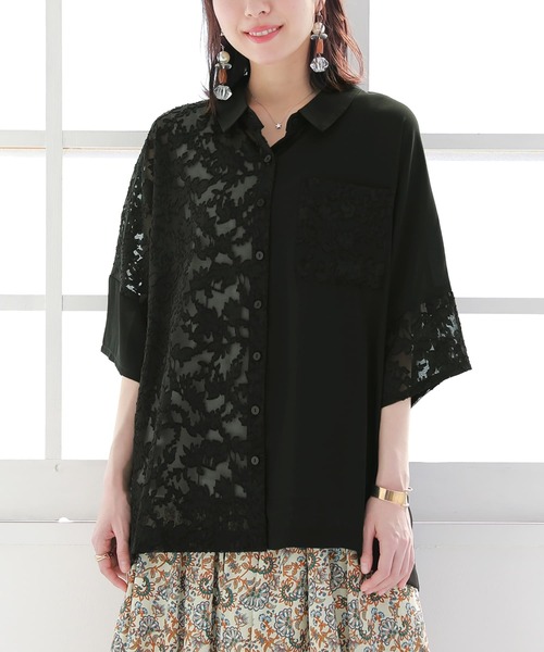 n'OrLABEL(ノアールレーベル)の「『花柄シアーカットジャカードシャツ』(シャツ/ブラウス・レディース・ブラック/オフホワイト/グレイッシュブルー・FREE)」の11枚目の写真