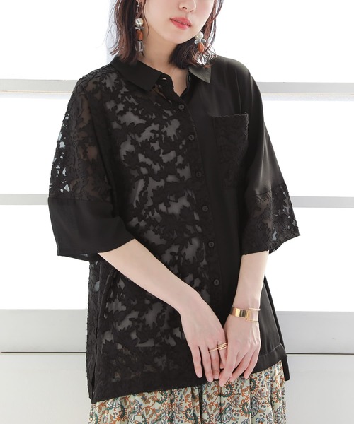 n'OrLABEL(ノアールレーベル)の「『花柄シアーカットジャカードシャツ』(シャツ/ブラウス・レディース・ブラック/オフホワイト/グレイッシュブルー・FREE)」の14枚目の写真
