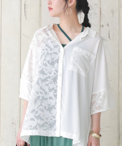 n'OrLABEL(ノアールレーベル)の「『花柄シアーカットジャカードシャツ』(シャツ/ブラウス・レディース・ブラック/オフホワイト/グレイッシュブルー・FREE)」の9枚目の写真