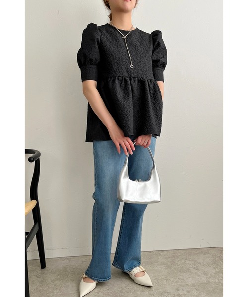 palm RICHE(ポームリシュ)の「フクレジャガードペプラムトップス(Tシャツ/カットソー・レディース・アイボリー/ブラック・M)」の9枚目の写真