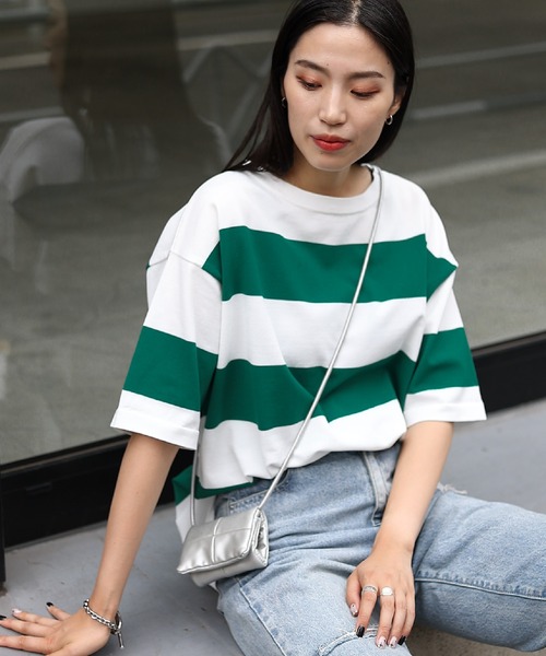 COLONY 2139（コロニートゥーワンスリーナイン）の「エステルヤーンワイドボーダーニットTシャツ（Tシャツ/カットソー・レディース・ネイビー/グリーン/ブラック・FREE）」の2枚目の写真