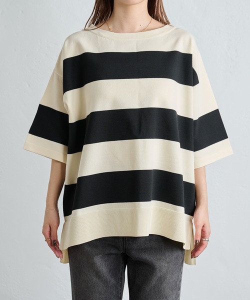 COLONY 2139（コロニートゥーワンスリーナイン）の「エステルヤーンワイドボーダーニットTシャツ（Tシャツ/カットソー・レディース・ネイビー/グリーン/ブラック・FREE）」の4枚目の写真