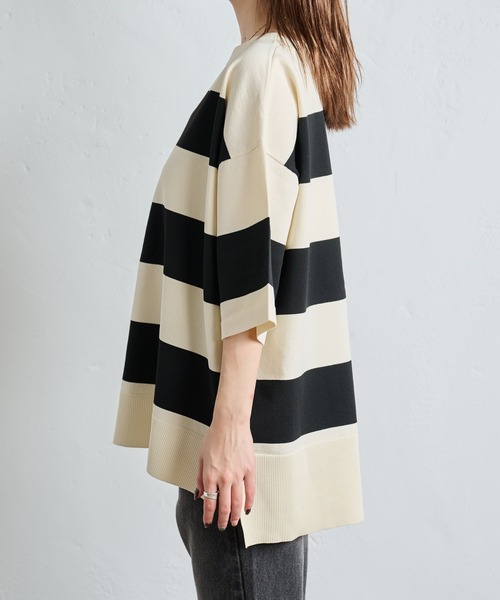 COLONY 2139（コロニートゥーワンスリーナイン）の「エステルヤーンワイドボーダーニットTシャツ（Tシャツ/カットソー・レディース・ネイビー/グリーン/ブラック・FREE）」の5枚目の写真