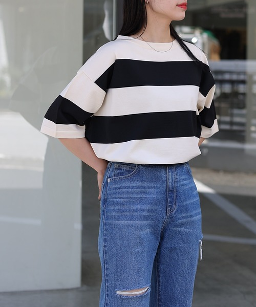 COLONY 2139（コロニートゥーワンスリーナイン）の「エステルヤーンワイドボーダーニットTシャツ（Tシャツ/カットソー・レディース・ネイビー/グリーン/ブラック・FREE）」の11枚目の写真