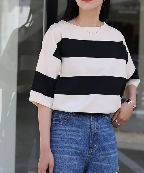 COLONY 2139（コロニートゥーワンスリーナイン）の「エステルヤーンワイドボーダーニットTシャツ（Tシャツ/カットソー・レディース・ネイビー/グリーン/ブラック・FREE）」の12枚目の写真