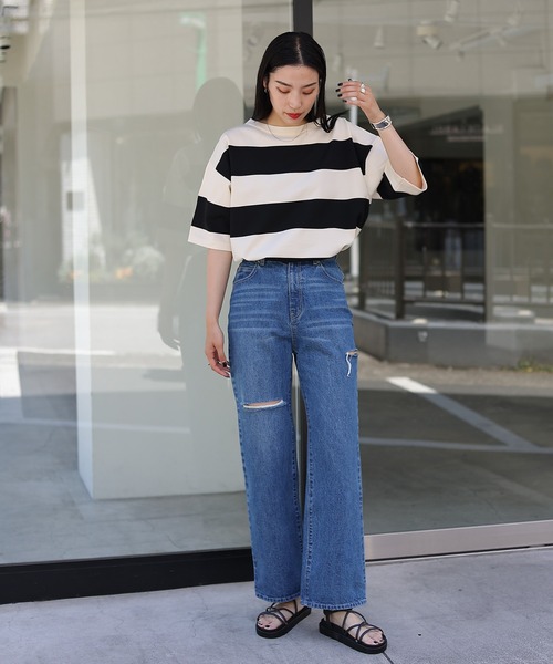 COLONY 2139（コロニートゥーワンスリーナイン）の「エステルヤーンワイドボーダーニットTシャツ（Tシャツ/カットソー・レディース・ネイビー/グリーン/ブラック・FREE）」の14枚目の写真