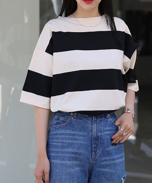 COLONY 2139（コロニートゥーワンスリーナイン）の「エステルヤーンワイドボーダーニットTシャツ（Tシャツ/カットソー・レディース・ネイビー/グリーン/ブラック・FREE）」の10枚目の写真