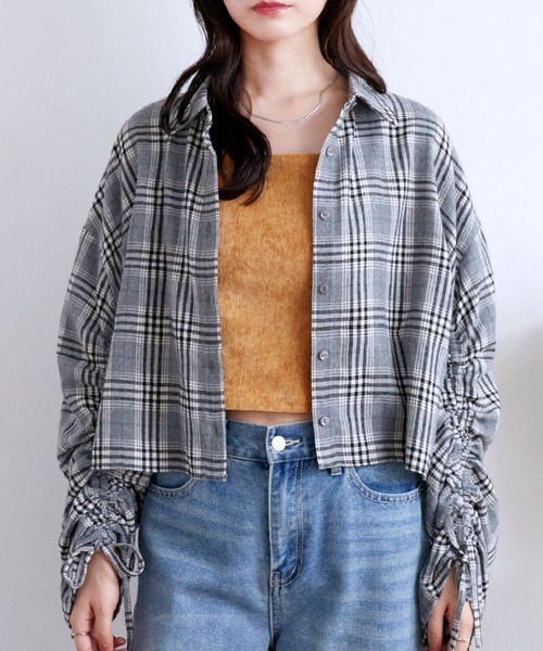RETRO GIRL(レトロガール)の「袖シャーリングチェックSH(シャツ/ブラウス・レディース・ナチュラル/ライトグレー/イエロー・FREE)」の1枚目の写真