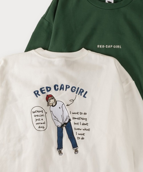Red Cap Girl(レッドキャプガール)の「ガールイラストバックデザイン刺繍クルーネックスウェット/オーバーサイズ/ユニセックス/裏起毛(スウェット・メンズ・ホワイト/アッシュグレー/ネイビー/グリーン/チャコールグレー・M/L)」の1枚目の写真