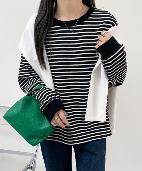 ECLIN(エクラン)の「ワンポイント刺繍ベーシックボーダーロンT(Tシャツ/カットソー・レディース・ホワイト/ブラック・M/L/XL)」の1枚目の写真