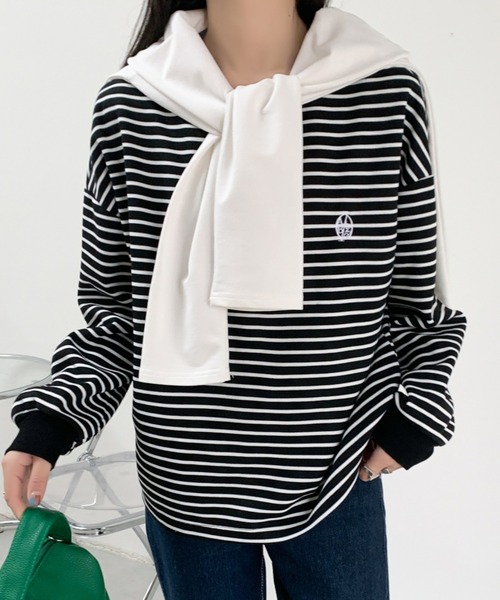 ECLIN(エクラン)の「ワンポイント刺繍ベーシックボーダーロンT(Tシャツ/カットソー・レディース・ホワイト/ブラック・M/L/XL)」の13枚目の写真