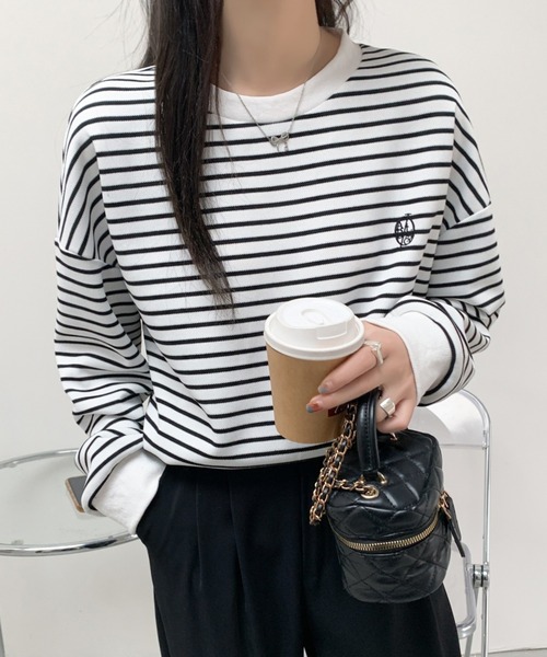 ECLIN(エクラン)の「ワンポイント刺繍ベーシックボーダーロンT(Tシャツ/カットソー・レディース・ホワイト/ブラック・M/L/XL)」の16枚目の写真