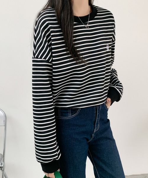 ECLIN(エクラン)の「ワンポイント刺繍ベーシックボーダーロンT(Tシャツ/カットソー・レディース・ホワイト/ブラック・M/L/XL)」の10枚目の写真