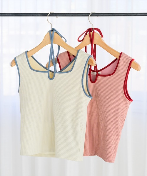idem（イデム）の「cup in bi color camisole/配色タンクトップ【カップ付き】（タンクトップ・レディース・ピンク/アイボリー/ナチュラル/ネイビー/ブルー/ブラック/ブラウン・FREE）」の8枚目の写真