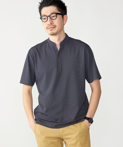 SHIPS(シップス)の「【WEB限定】SHIPS:〈接触冷感〉アイスタッチ ボーダー スムース バンドカラー ポロシャツ(ポロシャツ・メンズ・オフホワイト/ブラック/ネイビー・SMALL/MEDIUM/LARGE/X-LARGE)」の3枚目の写真
