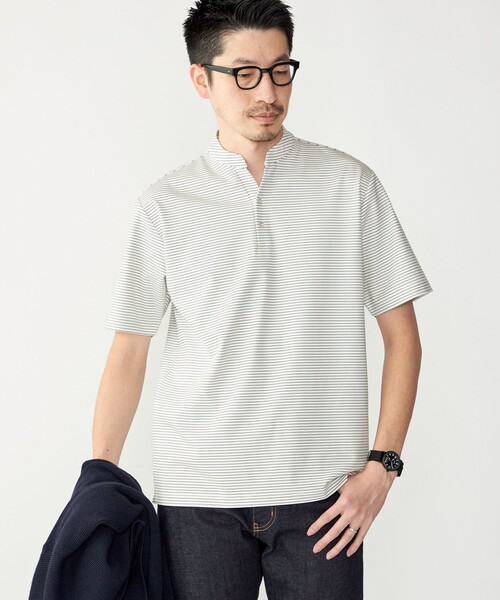 SHIPS(シップス)の「【WEB限定】SHIPS:〈接触冷感〉アイスタッチ ボーダー スムース バンドカラー ポロシャツ(ポロシャツ・メンズ・オフホワイト/ブラック/ネイビー・SMALL/MEDIUM/LARGE/X-LARGE)」の2枚目の写真