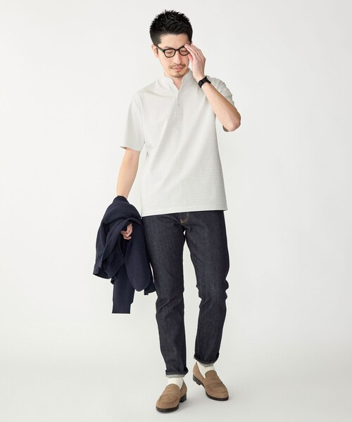 SHIPS(シップス)の「【WEB限定】SHIPS:〈接触冷感〉アイスタッチ ボーダー スムース バンドカラー ポロシャツ(ポロシャツ・メンズ・オフホワイト/ブラック/ネイビー・SMALL/MEDIUM/LARGE/X-LARGE)」の4枚目の写真