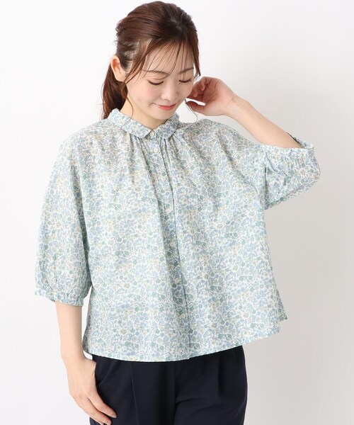 ☆新品☆FRAPBOIS マドラスローンブラウス 綿ローンリップル 小花柄 6分袖ブラウス（シャツ・ブラウス