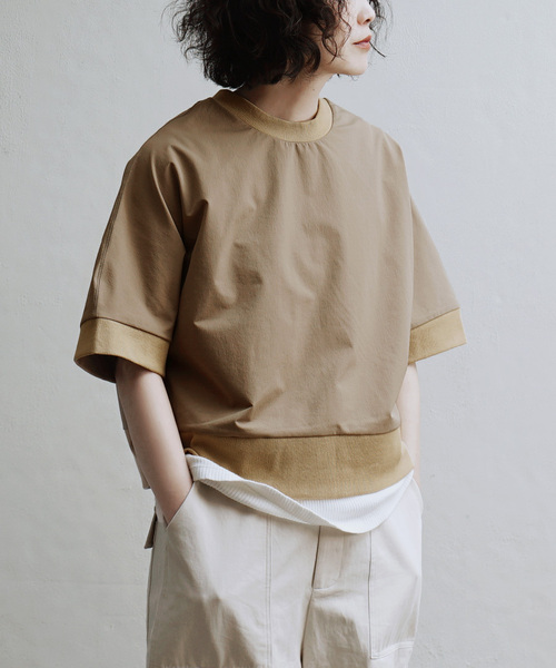 apartment department（アパートメントデパートメント）の「ストレッチカルゼ 半袖リブ プルオーバー（Tシャツ/カットソー・レディース・ブラック/オフホワイト/チャコールグレー/ベージュ・M）」の4枚目の写真
