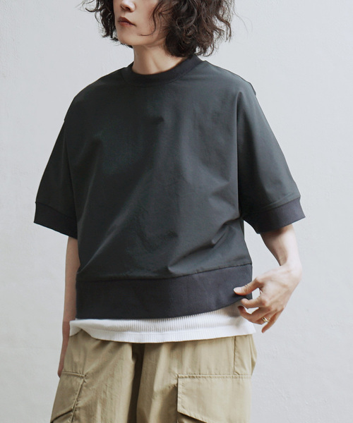 apartment department（アパートメントデパートメント）の「ストレッチカルゼ 半袖リブ プルオーバー（Tシャツ/カットソー・レディース・ブラック/オフホワイト/チャコールグレー/ベージュ・M）」の3枚目の写真