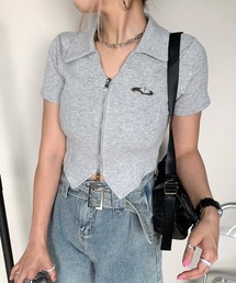 シルバーモチーフダブルジップポロ襟クロップド丈トップス