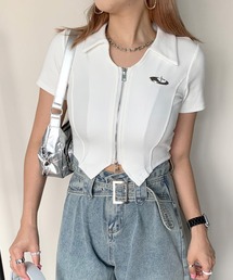シルバーモチーフダブルジップポロ襟クロップド丈トップス