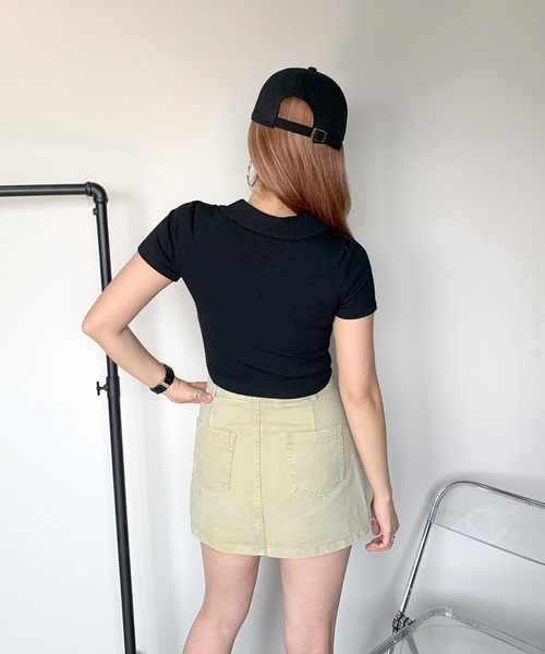 non-hedge(ノンヘッジ)の「シルバーモチーフダブルジップポロ襟クロップド丈トップス(Tシャツ/カットソー・レディース・ブラック/グレー/オフホワイト/カーキ・FREE)」の12枚目の写真