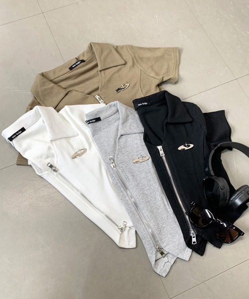 シルバーモチーフダブルジップポロ襟クロップド丈トップス（T