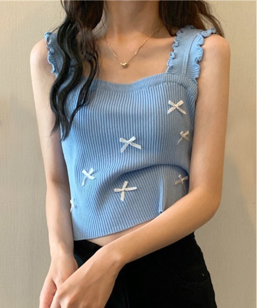 kirakiraShop(キラキラショップ)の「ショルダー フリル リボン ニット キャミソール(タンクトップ・レディース・ベージュ/ピンク/ホワイト/ブラック/ブルー・FREE)」の4枚目の写真