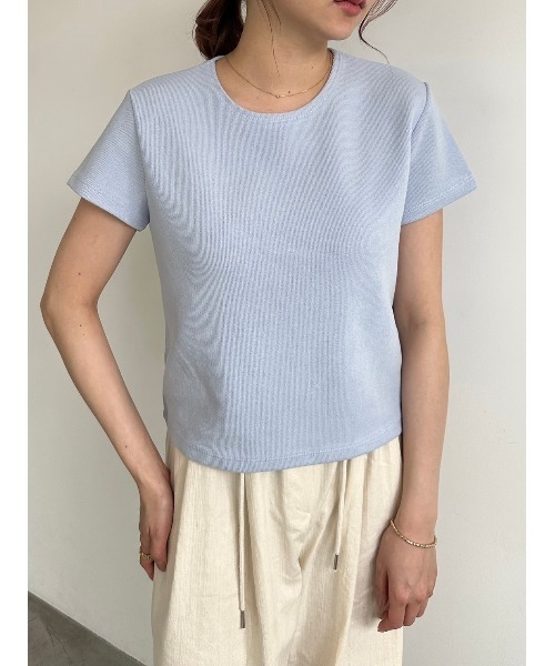 定価４万★フランス製★イネス★女性らしい襟開きＴシャツ白コンパクトリブInese セール】冷感コンパクトリブTシャツ（Tシャツ/カットソー