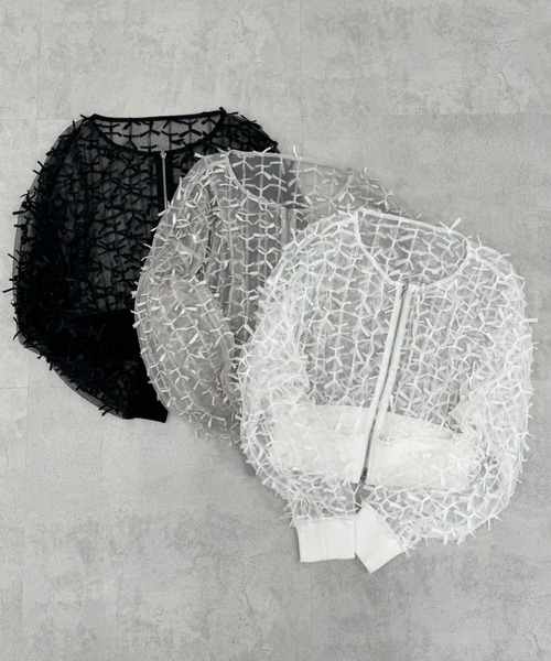 one after another NICE CLAUP（ワンアフターアナザーナイスクラップ）の「3Dレースシアーブルゾン（ブルゾン・レディース・オフホワイト/ブラック/グレー系その他・FREE）」の7枚目の写真