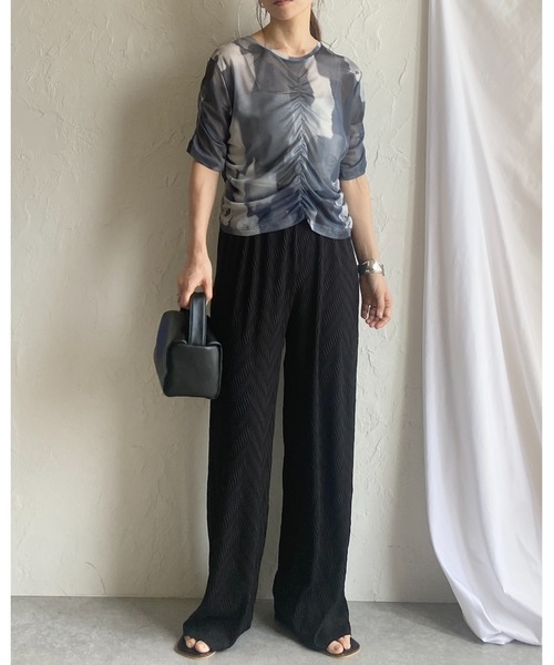 She's Closet(シーズクローゼット)の「【セルフカット対応】ウェーブ波柄ワイドストレートロングプリーツパンツ(その他パンツ・レディース・グリーン/ブラック・FREE)」の7枚目の写真