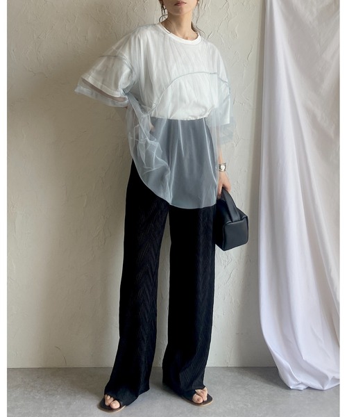 She's Closet(シーズクローゼット)の「【セルフカット対応】ウェーブ波柄ワイドストレートロングプリーツパンツ(その他パンツ・レディース・グリーン/ブラック・FREE)」の14枚目の写真
